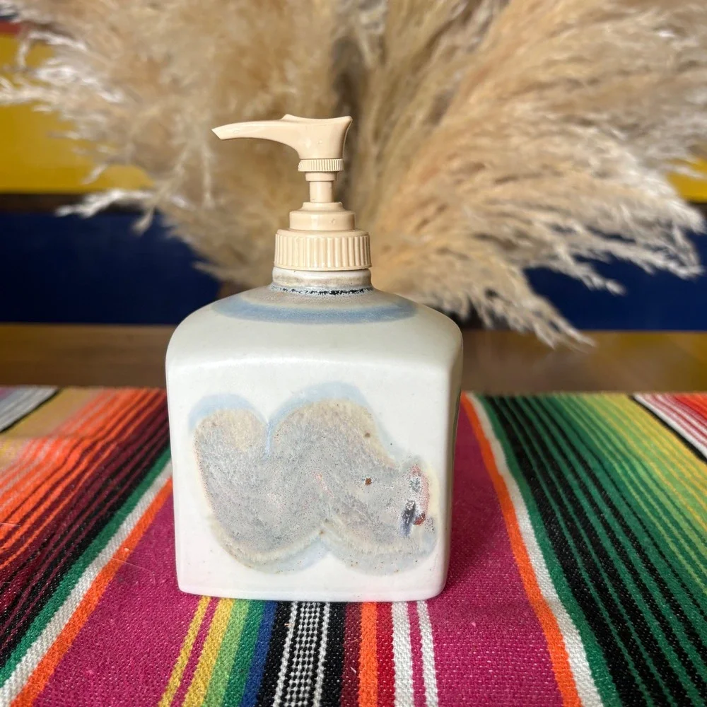 Handmade Studio Pottery Soap Dispenser Set Drip Glaze Stoneware Boho Decor 2pc